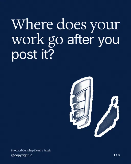 Carousel for copyright.io: "Where does your work go after you post it?". Cutout essay, 6 slides, dark palette.