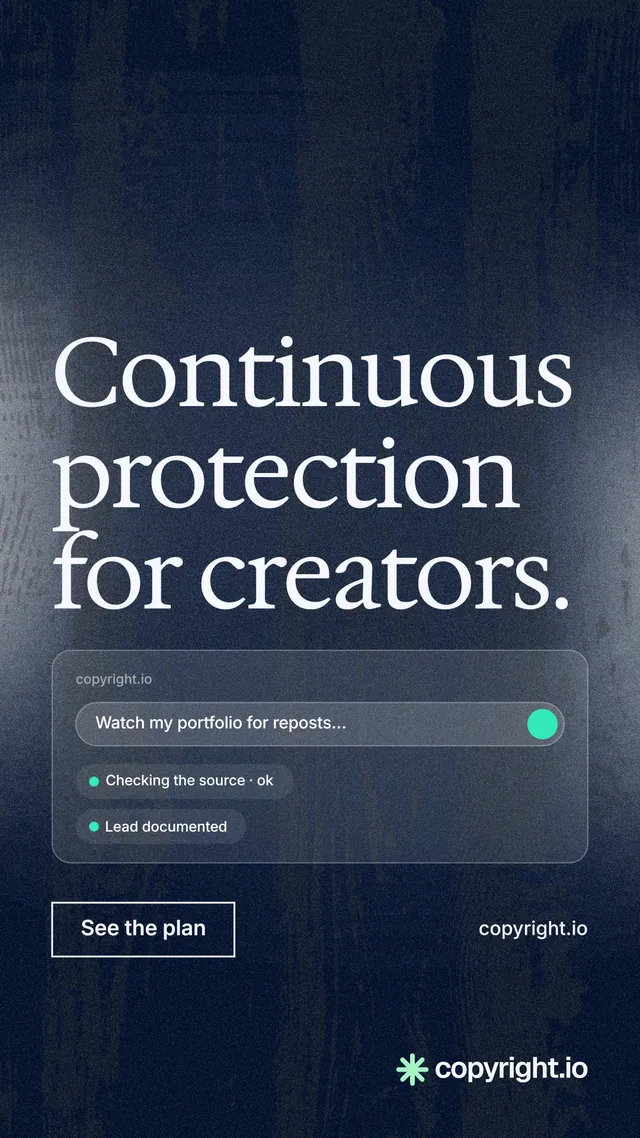 Instagram story for copyright.io: "Continuous protection for creators." Cyanotype style, poster layout, dark palette in blue, grey, black.
