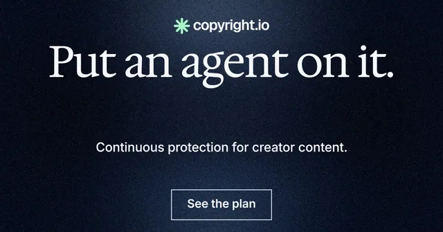 Social ad for copyright.io: "Put an agent on it." Dark deco style, centred layout, dark palette in black, blue.