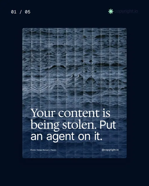 Video for copyright.io. Ad flipbook, 7.5 s, dark palette.