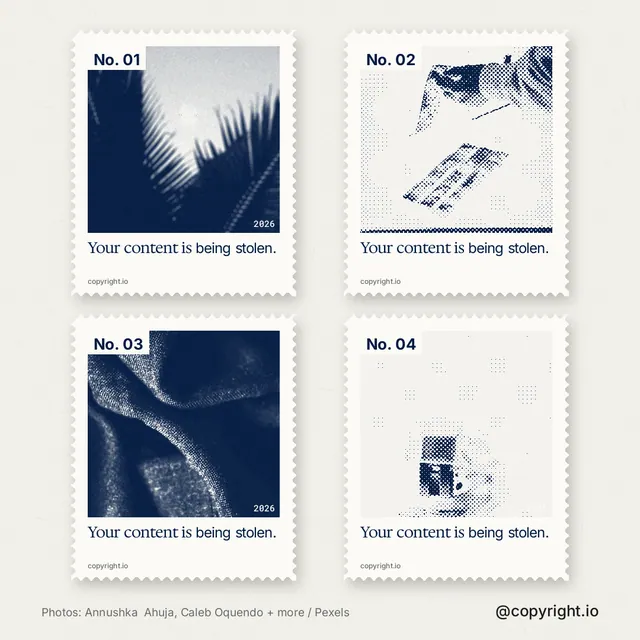 Instagram post for copyright.io: "Your content is being stolen." Sheet style, technique:stamp series layout, light palette in white, grey.
