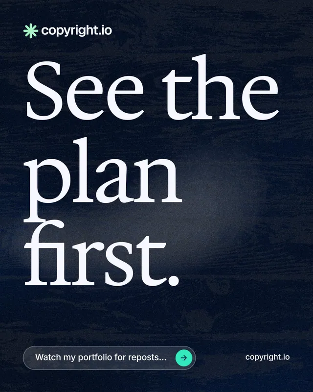 Instagram portrait post for copyright.io: "See the plan first." Thermal style, poster layout, dark palette in blue, black, grey.