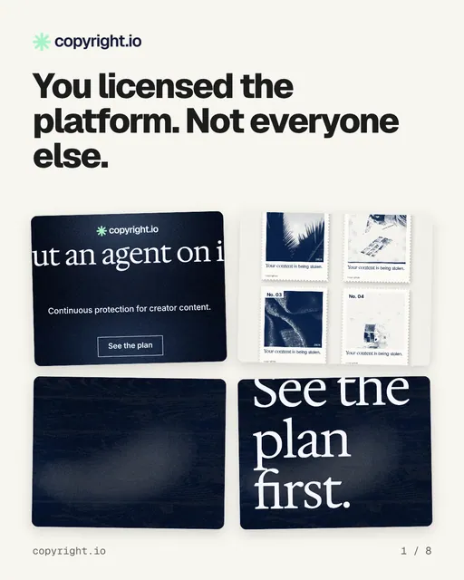 Carousel for copyright.io: "You licensed the platform. Not everyone else.". Collection carousel, 8 slides, light palette.