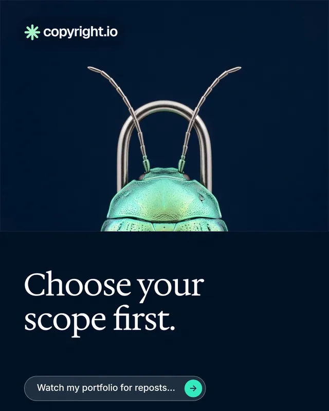 Instagram portrait post for copyright.io: "Choose your scope first." Agentic glass style, bottom layout, dark palette in black, blue.