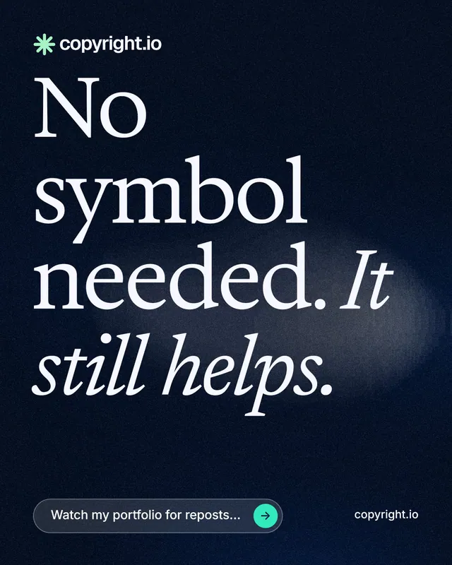 Instagram portrait post for copyright.io: "No symbol needed. It still helps." Thermal style, poster layout, dark palette in black, blue, grey.