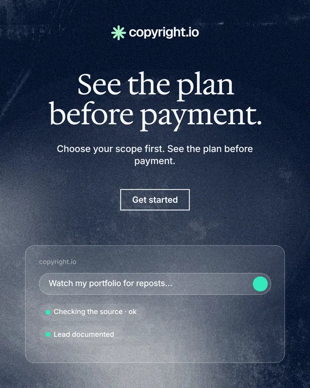 Instagram portrait post for copyright.io: "See the plan before payment." Cyanotype style, centred layout, dark palette in black, grey, blue.
