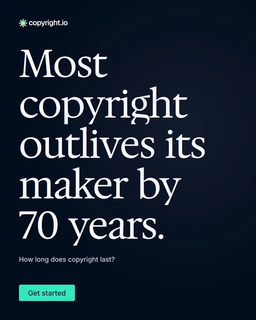 Video for copyright.io: "Most copyright outlives its maker by 70 years.". Doc motion loop, 7.0 s, dark palette.