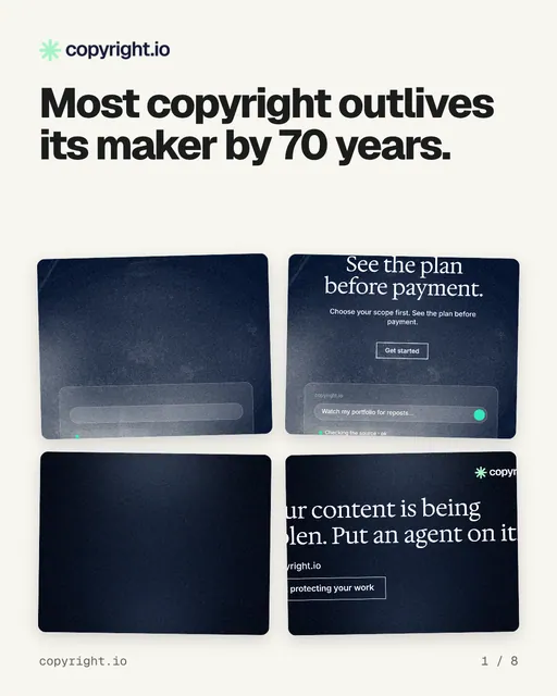 Carousel for copyright.io: "Most copyright outlives its maker by 70 years.". Collection carousel, 8 slides, light palette.