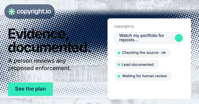 Social ad for copyright.io: "Evidence, documented." Swiss style, bottom layout, light palette in blue, grey, teal.