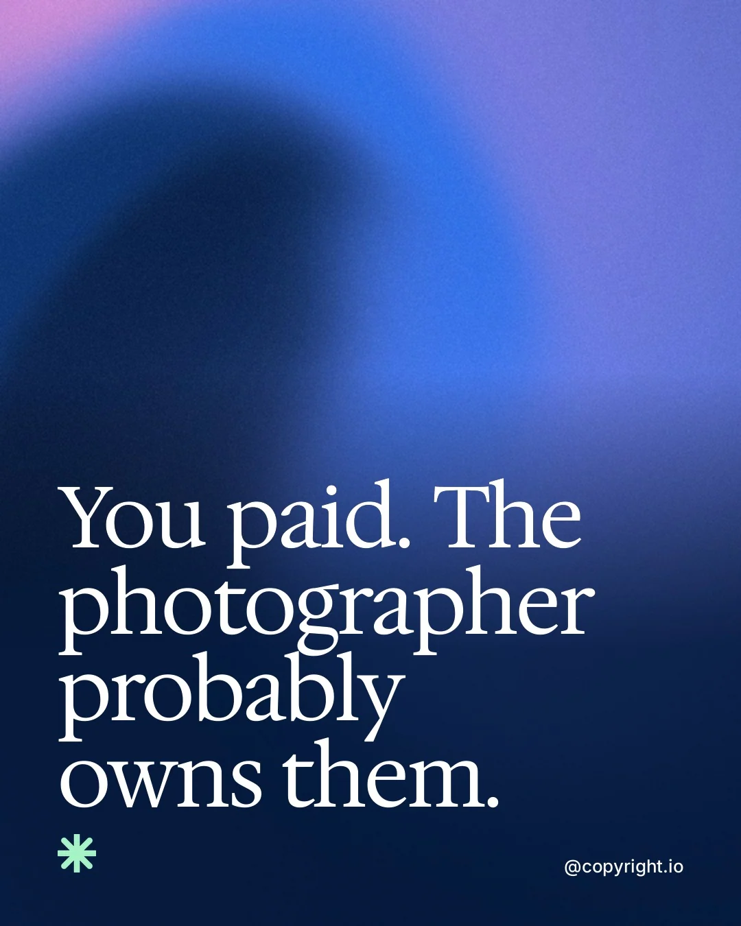 Video for copyright.io: "You paid. The photographer probably owns them.". Shader loop, 6.0 s, dark palette.