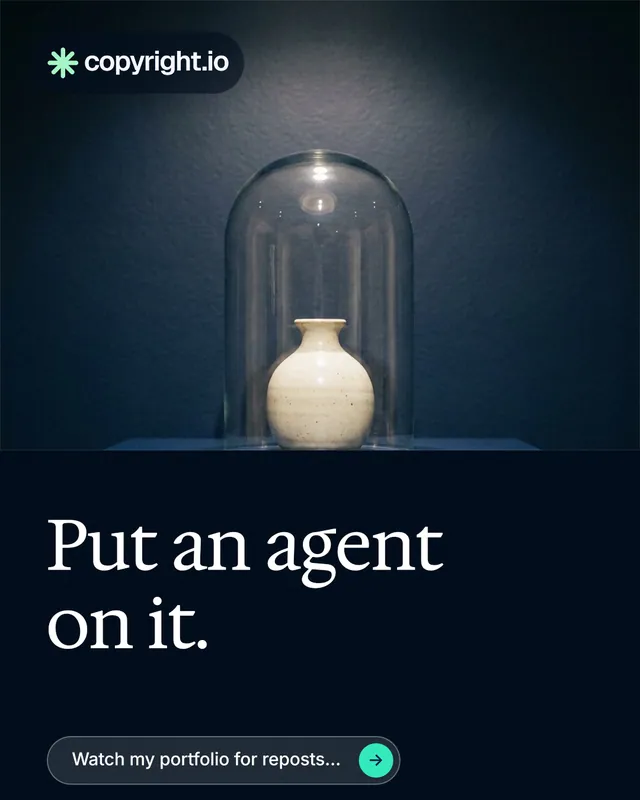 Instagram portrait post for copyright.io: "Put an agent on it." Agentic glass style, bottom layout, dark palette in black, blue, grey.