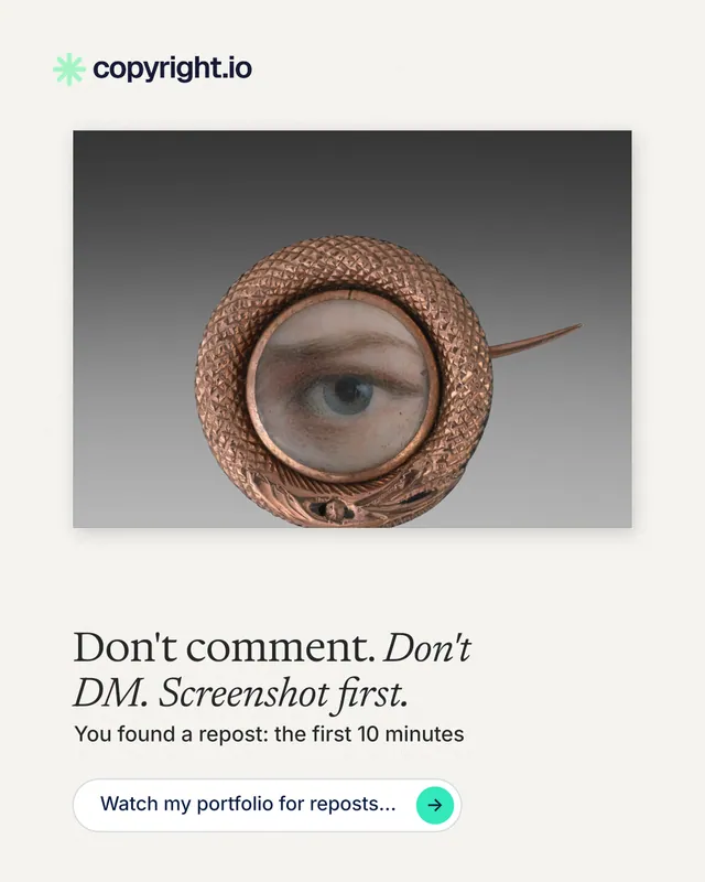 Instagram portrait post for copyright.io: "Don't comment. Don't DM. Screenshot first." Agentic glass style, bottom layout, light palette in white, grey.