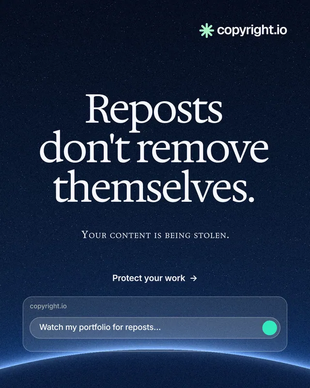 Instagram portrait post for copyright.io: "Reposts don't remove themselves." Swiss style, smallcaps layout, dark palette in blue, black.