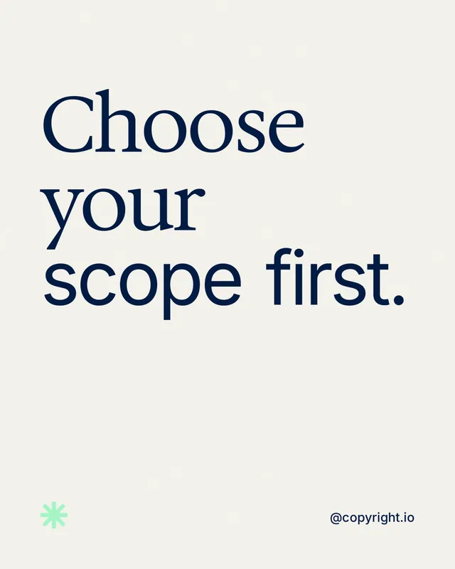 Instagram portrait post for copyright.io: "Choose your scope first." Editorial style, technique:mixed type lockup layout, light palette in white, grey.