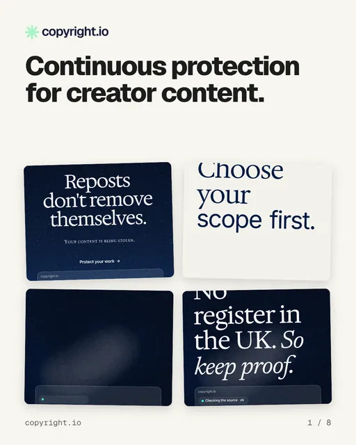 Carousel for copyright.io: "Continuous protection for creator content.". Collection carousel, 8 slides, light palette.
