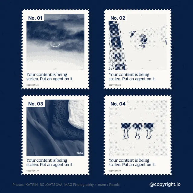Instagram post for copyright.io: "Your content is being stolen. Put an agent on it." Sheet style, technique:stamp series layout, light palette in white, blue, grey.
