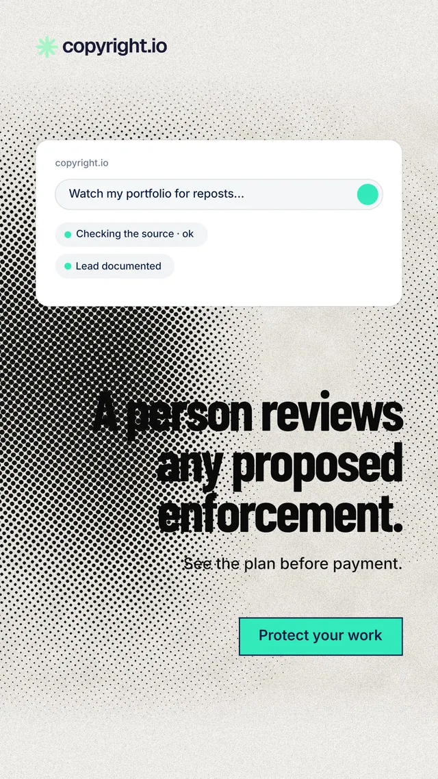 Instagram story for copyright.io: "A person reviews any proposed enforcement." Ink sticker style, right layout, light palette in white, grey.