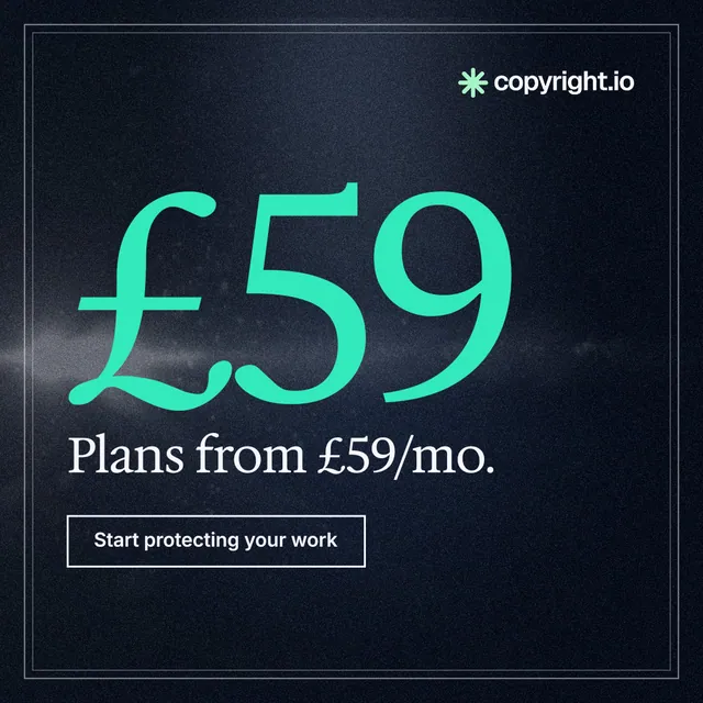 Instagram post for copyright.io: "See the plan before payment." Dark deco style, stat layout, dark palette in blue, black, teal.