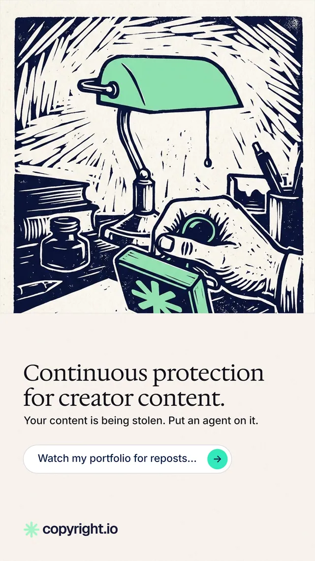 Instagram story for copyright.io: "Continuous protection for creator content." Agentic glass style, bottom layout, light palette in white, grey.