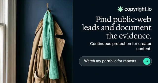 Social ad for copyright.io: "Find public-web leads and document the evidence." Agentic glass style, right layout, dark palette in black, grey.