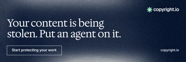 X header for copyright.io: "Your content is being stolen. Put an agent on it." Cyanotype style, poster layout, dark palette in blue, grey, black.