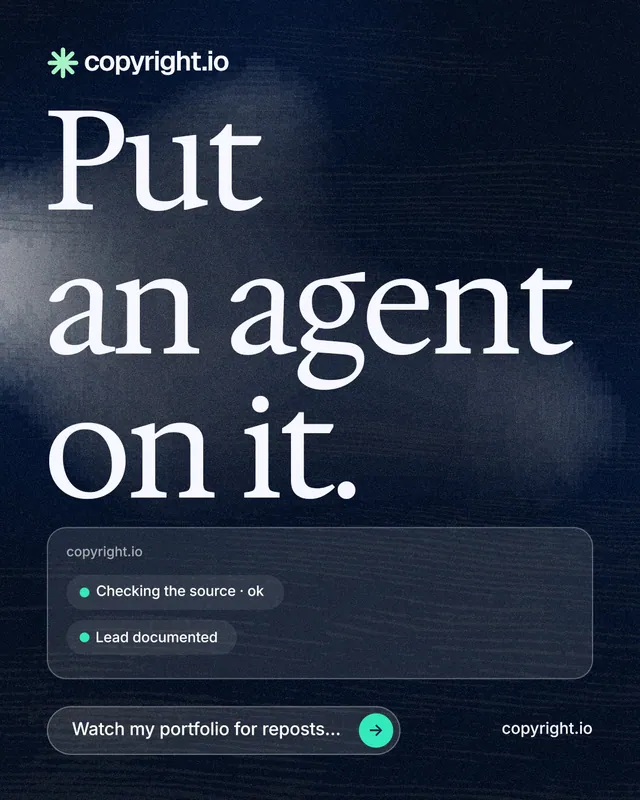 Instagram portrait post for copyright.io: "Put an agent on it." Thermal style, poster layout, dark palette in black, blue, grey.