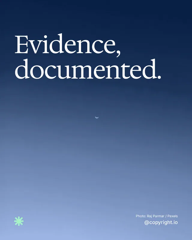 Instagram portrait post for copyright.io: "Evidence, documented." Duotone style, technique:pexels ingredient layout, dark palette in blue.