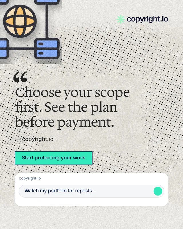 Instagram portrait post for copyright.io: "Choose your scope first. See the plan before payment." Ink sticker style, quote layout, light palette in white, grey.