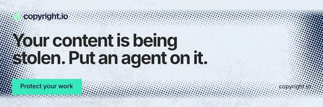 X header for copyright.io: "Your content is being stolen. Put an agent on it." Swiss style, poster layout, light palette in white, grey, blue.