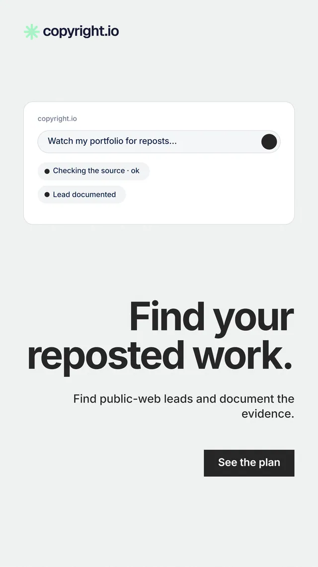 Instagram story for copyright.io: "Find your reposted work." Swiss style, right layout, light palette in white.