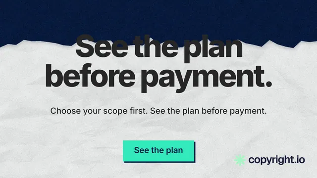 Landscape graphic for copyright.io: "See the plan before payment." Paper trio style, centred layout, light palette in blue, white, grey.