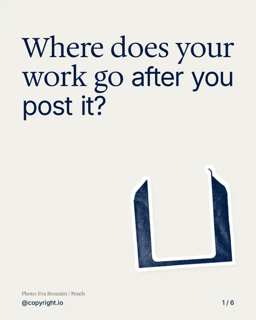 Carousel for copyright.io: "Where does your work go after you post it?". Cutout essay, 6 slides, light palette.