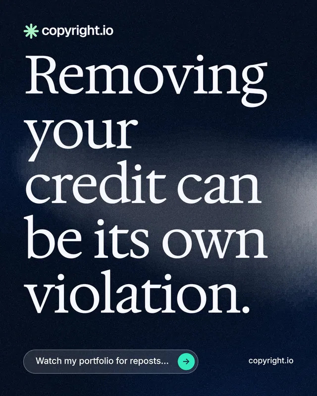 Instagram portrait post for copyright.io: "Removing your credit can be its own violation." Thermal style, poster layout, dark palette in blue, black, grey.