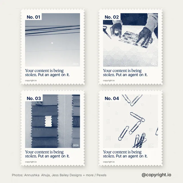 Instagram post for copyright.io: "Your content is being stolen. Put an agent on it." Sheet style, technique:stamp series layout, light palette in white, grey.