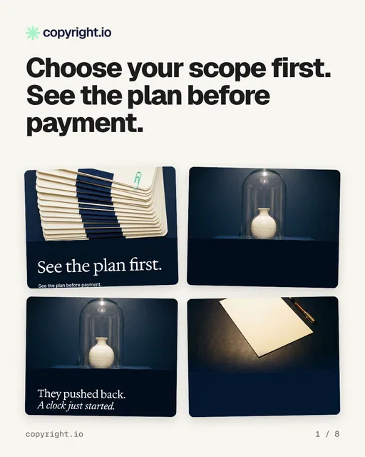 Carousel for copyright.io: "Choose your scope first. See the plan before payment.". Collection carousel, 8 slides, light palette.