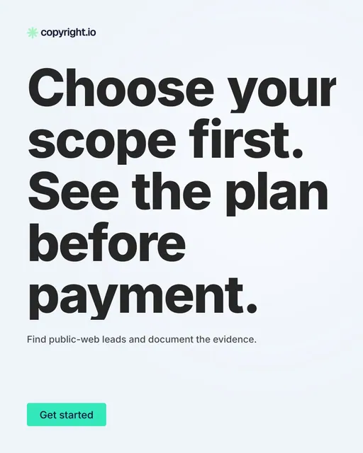 Video for copyright.io: "Choose your scope first. See the plan before payment.". Doc motion loop, 7.0 s, light palette.