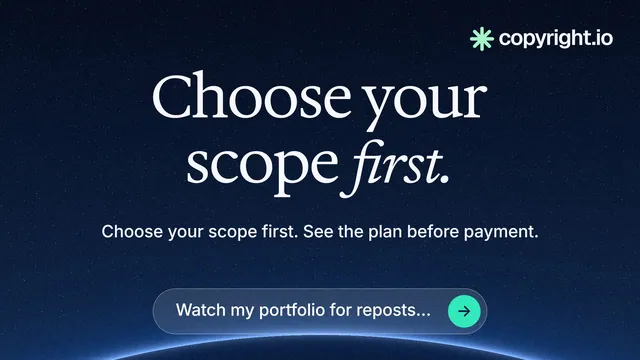 Landscape graphic for copyright.io: "Choose your scope first." Agentic glass style, centred layout, dark palette in blue, black.