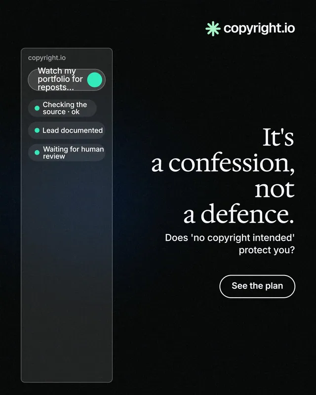Instagram portrait post for copyright.io: "It's a confession, not a defence." Phosphor atlas style, right layout, dark palette in black.