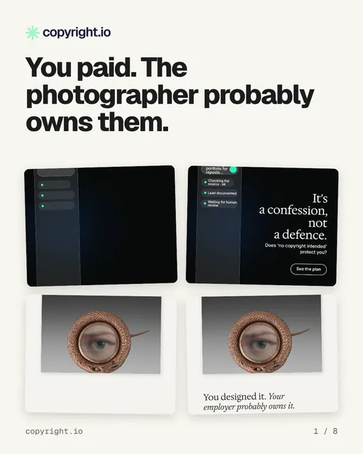 Carousel for copyright.io: "You paid. The photographer probably owns them.". Collection carousel, 8 slides, light palette.