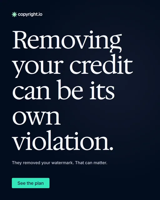 Video for copyright.io: "Removing your credit can be its own violation.". Doc motion loop, 8.0 s, dark palette.