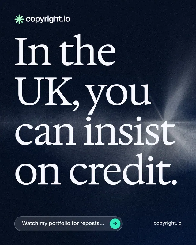 Instagram portrait post for copyright.io: "In the UK, you can insist on credit." Thermal style, poster layout, dark palette in black, blue, grey.