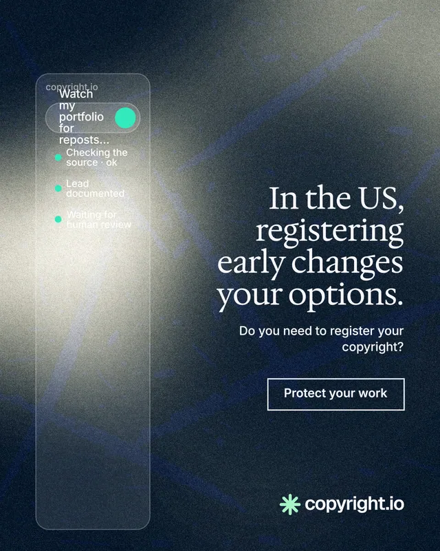 Instagram portrait post for copyright.io: "In the US, registering early changes your options." Cyanotype style, right layout, dark palette in black, blue, grey.