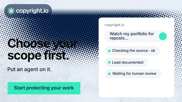 Landscape graphic for copyright.io: "Choose your scope first." Swiss style, bottom layout, light palette in blue, white, teal.