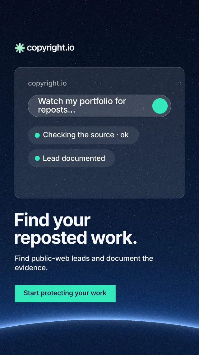 Instagram story for copyright.io: "Find your reposted work." Swiss style, bottom layout, dark palette in blue, black, teal.