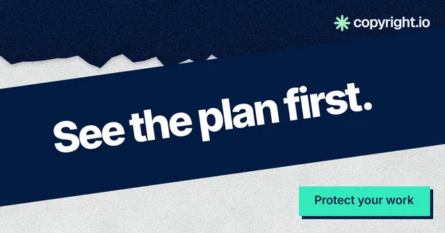 Social ad for copyright.io: "See the plan first." Paper trio style, diagonal layout, dark palette in blue, teal, grey.