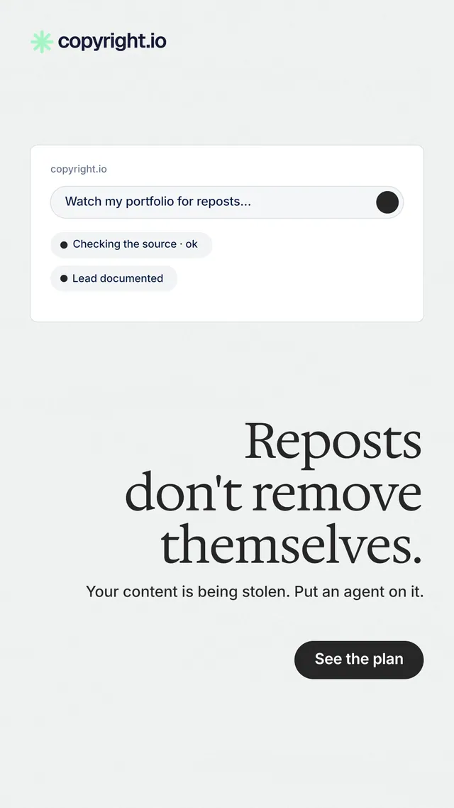 Instagram story for copyright.io: "Reposts don't remove themselves." Data card style, right layout, light palette in white, grey.