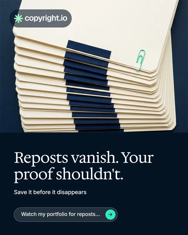 Instagram portrait post for copyright.io: "Reposts vanish. Your proof shouldn't." Agentic glass style, bottom layout, dark palette in yellow, black, blue.