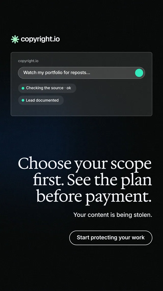 Instagram story for copyright.io: "Choose your scope first. See the plan before payment." Phosphor atlas style, right layout, dark palette in black.