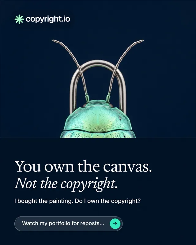 Instagram portrait post for copyright.io: "You own the canvas. Not the copyright." Agentic glass style, bottom layout, dark palette in black, blue.