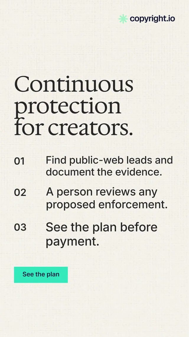 Instagram story for copyright.io: "Continuous protection for creators." Swiss style, numbered layout, light palette in white, grey.